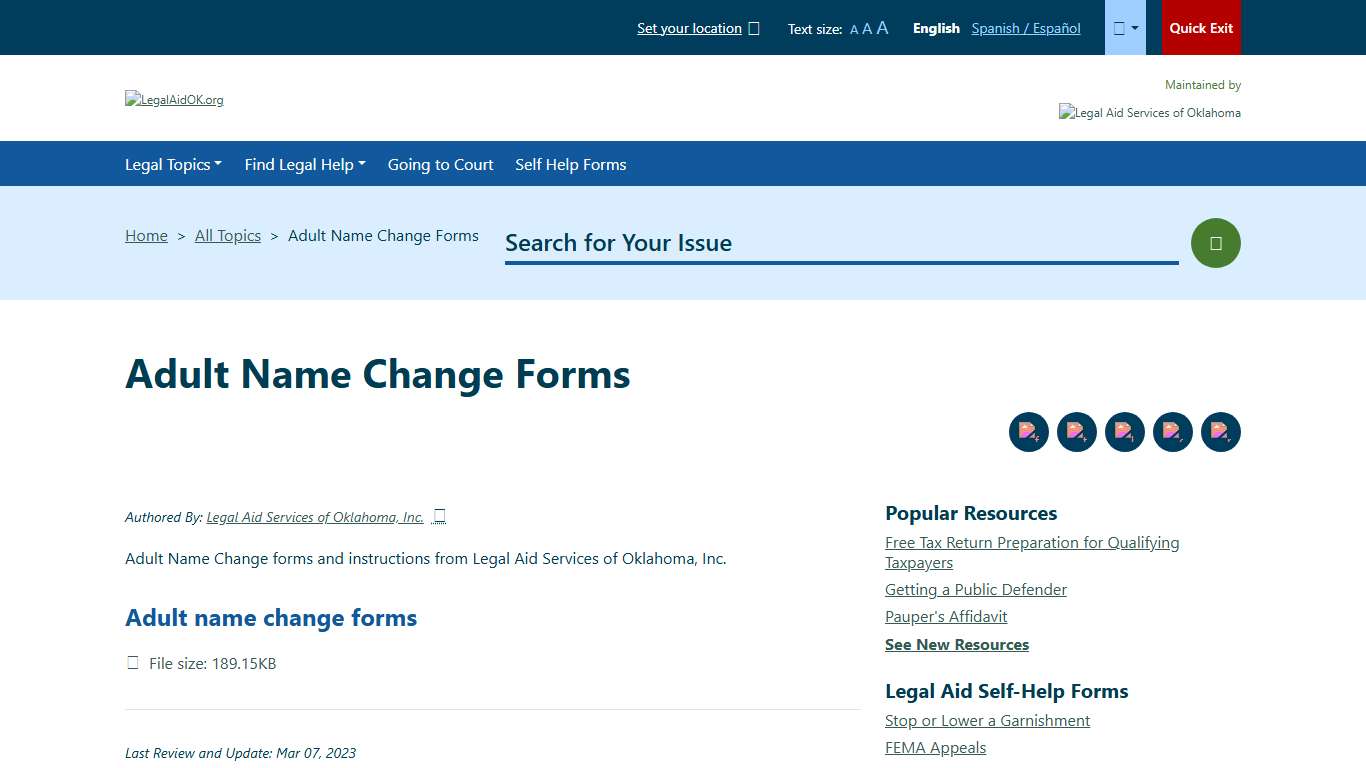 Adult Name Change Forms Welcome to Legal Aid Services of Oklahoma's guide to free legal help in Oklahoma.